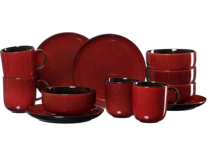 Frühstücks-Geschirrset RITZENHOFF & BREKER Service, Gambia (Teller, Schale, Kaffeebecher) , rot, 12 Stk., Steinzeug, Geschirr-Sets, Frühstücks-Geschirrset, Reativglasur, jedes Teil ein Unikat, 12 Teile, für 4 Personen