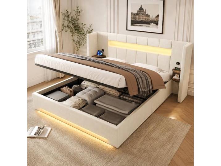 Lit capitonné multifonction - PAGE Living - 180x200 cm - velours beige - rangement hydraulique LED et USB