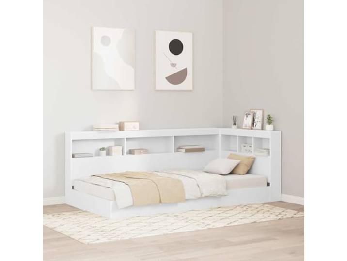 RJPLMFV Kopfteil mit Aufbewahrung, 100 cm, Holz, Weiß L-Form, integrierte Regale, Ladestation, modernes Design für Schlafzimmer