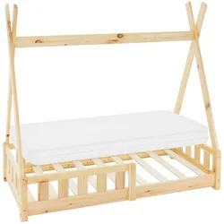 ML-Design Kinderbett Tipi 70x140 cm Natur mit Matratze, Rausfallschutz & Lattenrost, Indianer Hausbett mit Zaun aus Kiefernholz, Bodenbett Kinderhaus