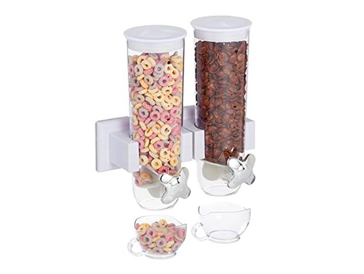 Relaxdays dubbele cornflakes dispenser, voor aan muur, muesli, ontbijtgranen, noten, snoep automaat kunststof, wit