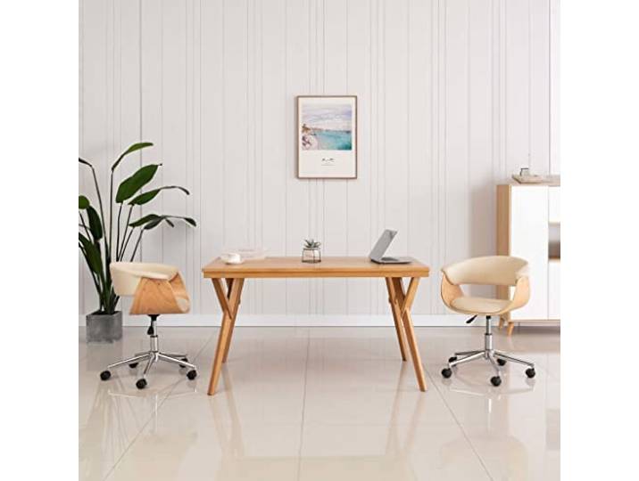 KGHFDVB Drehbarer Esszimmerstuhl in Creme mit Bugholz und Kunstleder 360° schwenkbar, höhenverstellbar, ergonomische Polsterung, Holzgestell mit Metallbeinen, einfache Montage