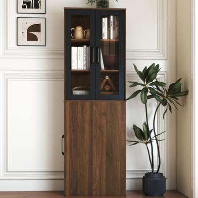 Kodotan sofa 70.87 inch H Display Storage Cabinet 4 Tier Pull out Shelf 2 Glass Doors Modern Wooden Tall Bookshelf Living Room