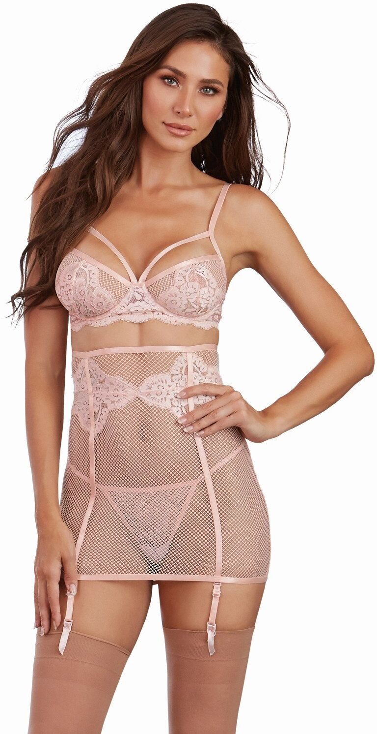Dreamgirl Ensemble dentelle résille rose 3 pièces