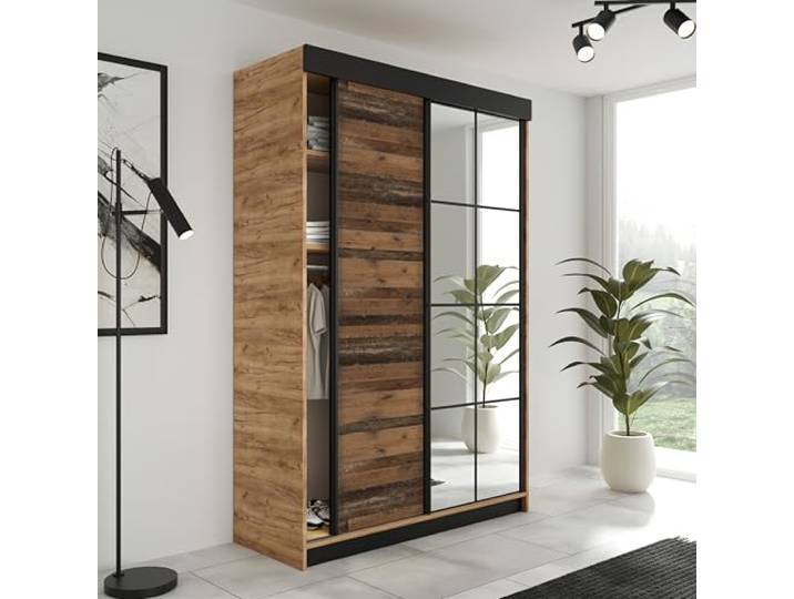 KIER FURNITURE Schiebegarderobe LAMARO mit Spiegel - Schrank Schlafzimmer - Schlafzimmerschrank - Wardrobe Bedroom - Kleiderschränke - Kleiderschrank - 138x205x59 - Eiche Handwerk Gold & Old Style