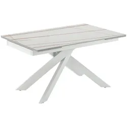 Stones Ausziehbarer Tisch Ares mit Tischplatte aus Sinterstein in Sahara-Weiß-Marmoroptik und weiß lackierten Metallbeinen – 140/200 cm