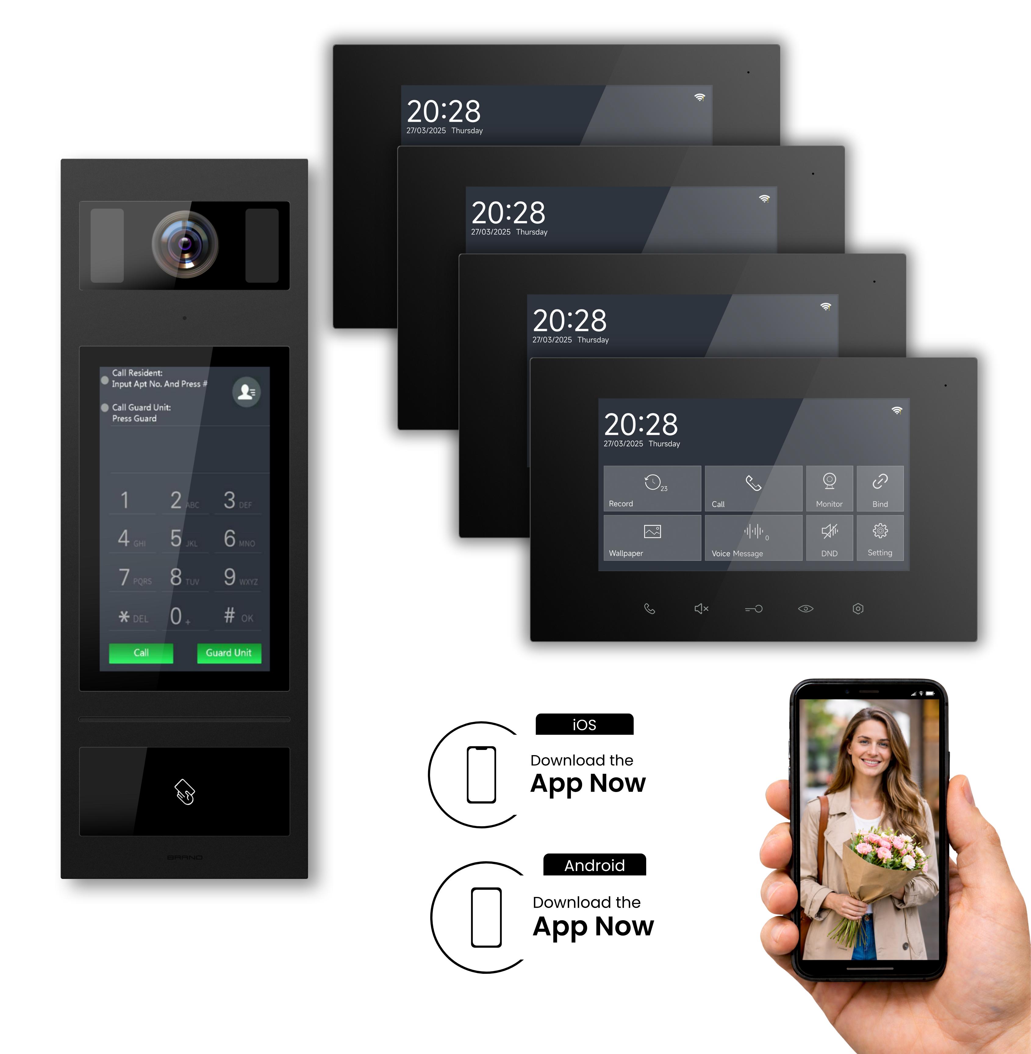 SCHUTZER Video-Türsprechanlage - 1 Familie - 4×7" WLAN Monitor Schwarz - 2-Draht-BUS Komplettset