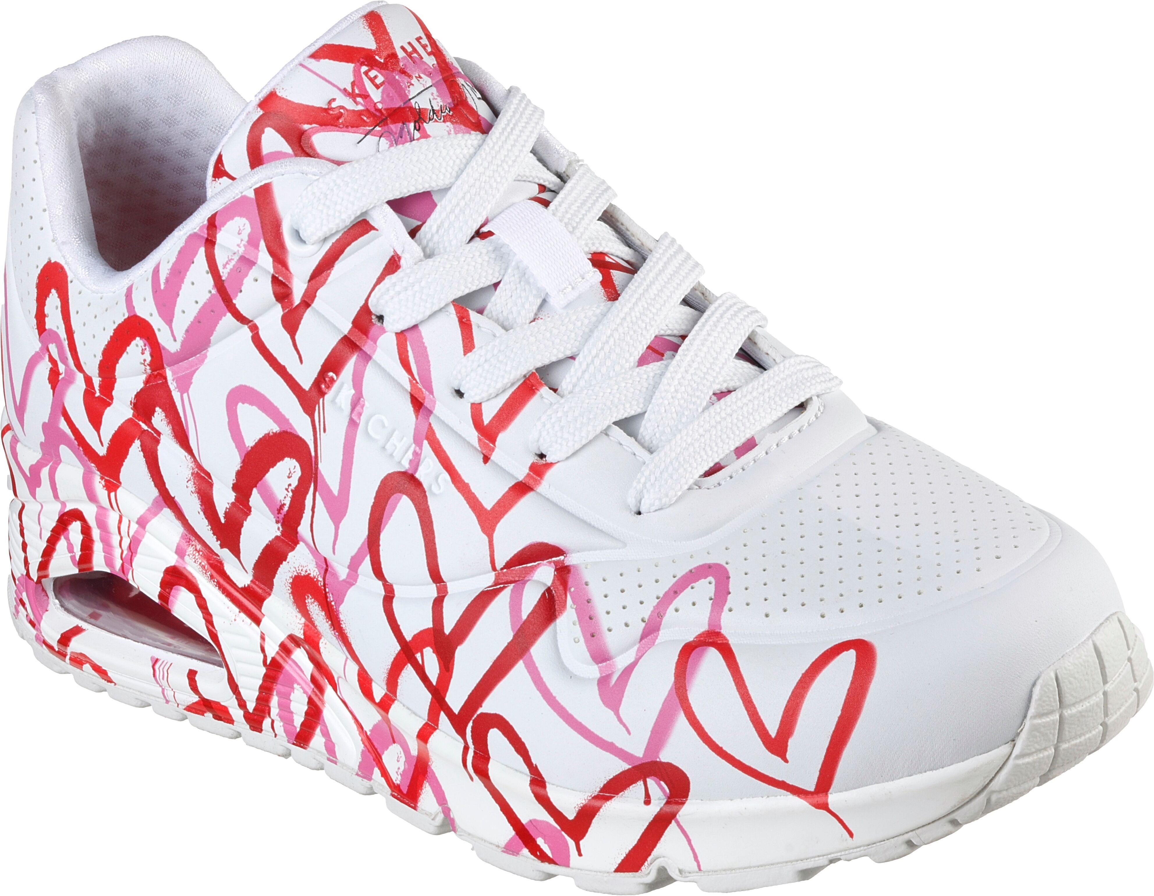 Wedgesneaker SKECHERS "UNO-SPREAD THE LOVE", Damen, Gr. 36, weiss (weiß, rot), Lederimitat, kontrastfarbene Details, Schuhe Wedgesneaker, Freizeitschuh, Halbschuh, Schnürschuh mit coolem Graffiti-Print weiß, rot 36