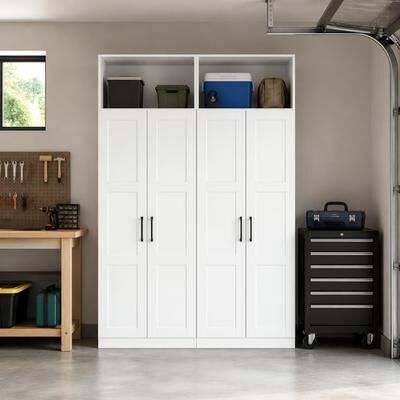 Timechee Modern White Garage Storage Cabinet with Utility Hooks,Tall 4-Door Organizer for Garage,Workshop