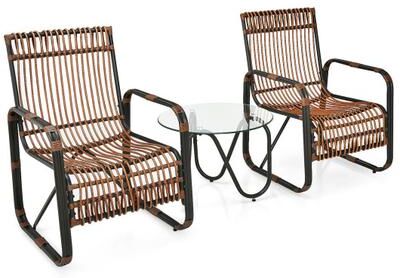 Costway 3 Pieces Patio Rattan Furniture Set with 2 Single Wicker Chairs and Glass Side Table