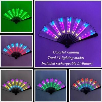 Inspired Finds LED Neon Folding Rave Fan Luminous Party Hand Fan For Festivals & Events 13in 31 Mode Rainbow Pulse Fan
