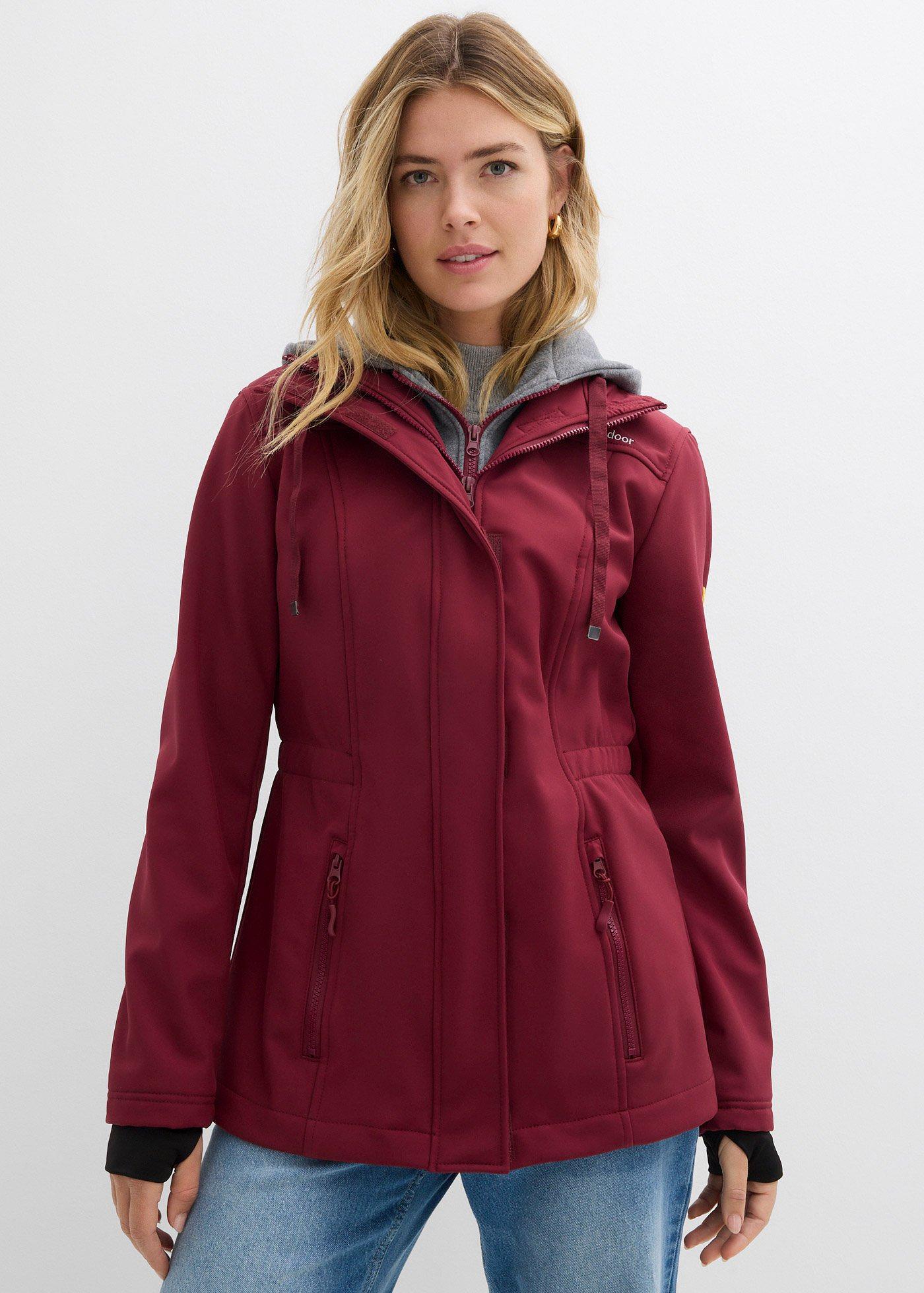 bonprix wasserabweisende Softshell-Longjacke 2 in 1-Optik, rot, Gr.42, Sportliche Softshell-Übergangsjacke mit Sweatkapuze, aus Softshell