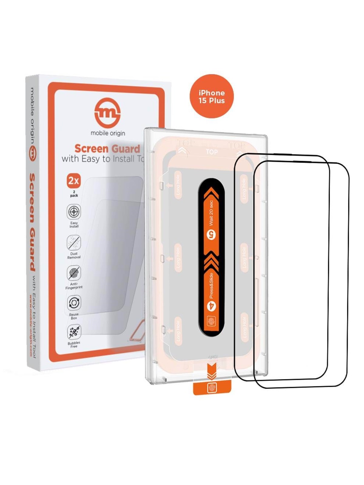 Mobile Origin Orange Screen Guard iPhone 15 Plus with easy applicator - 2 pack
