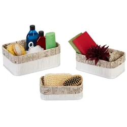 Relaxdays Aufbewahrungskorb 3er Set aus Bambus Beige,Weiß,Dunkelbraun