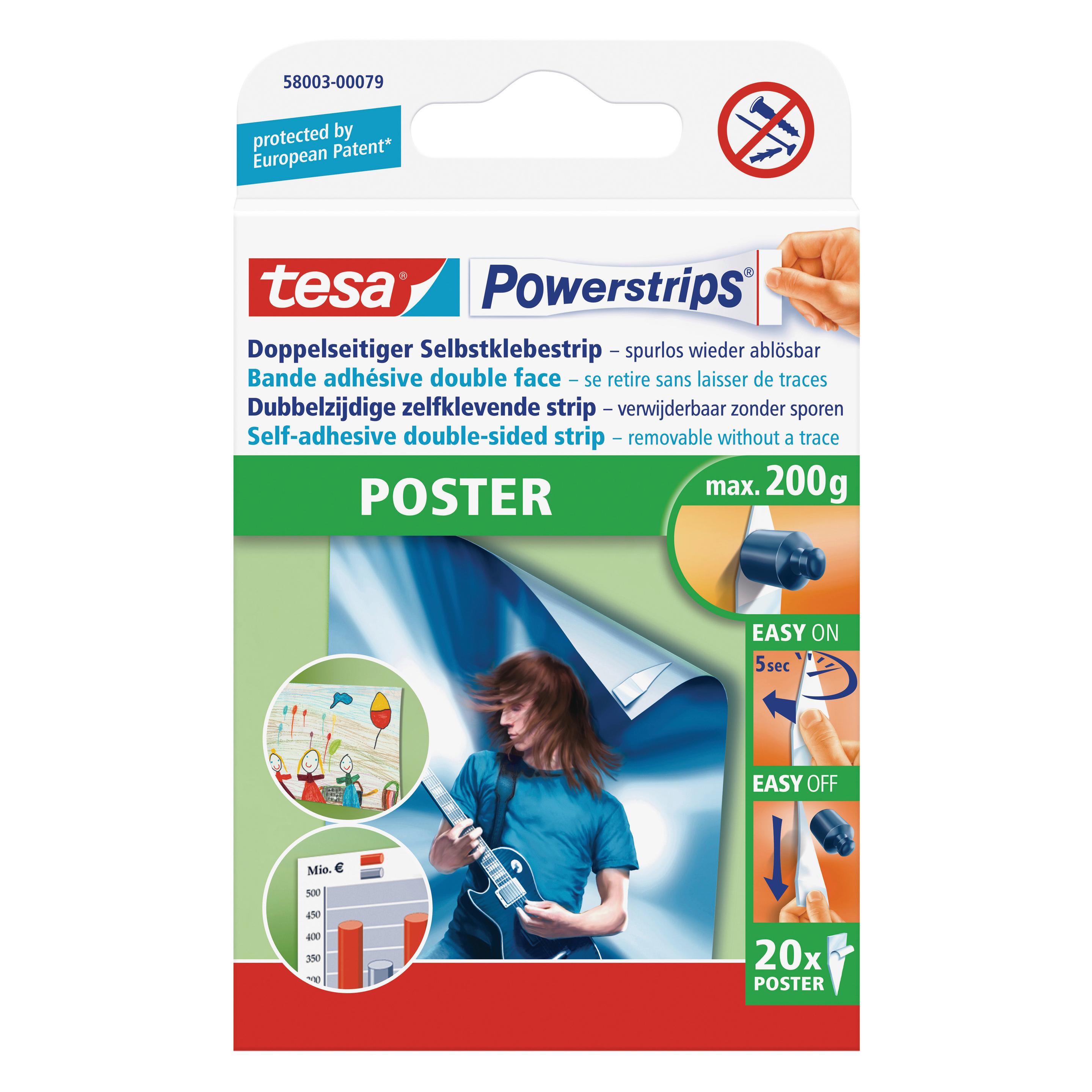 tesa Powerstrips POSTER, 200g Halteleistung, 20x doppelseitige Klebestreifen (15 mm, 0.20 kg) (58003-00079-21)