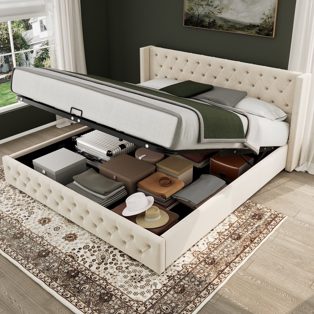 AURA LUMEN Gestoffeerd Twijfelaarbed met Hydraulisch Opbergmechanisme Beige 140x200 cm