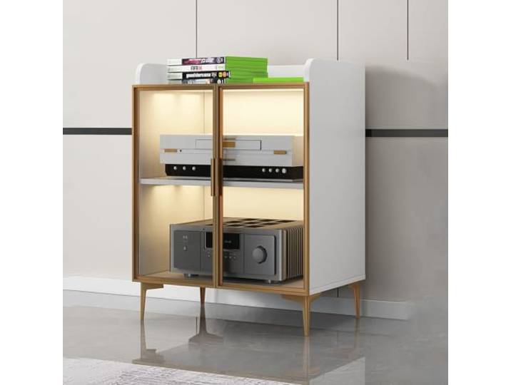 AV-Schrank, 2/3-stufig, modernes Stereo-Rack-System, Schrank, Medienaufbewahrungsschrank, AV-Schrank mit Glastüren, Medienkonsole ohne LED-Licht für Gaming, Meeting, Wohnzimmer, Aufnahmeraum. (Weiß,