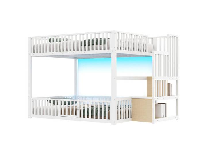 Redom Etagenbett 140/200 cm mit LED-Beleuchtung, Stauraumleiter und Schutzgitter, Weiß, 140x200 cm, Babymöbel & Kindermöbel, Kinderzimmer & Jugendzimmer, Stockbetten