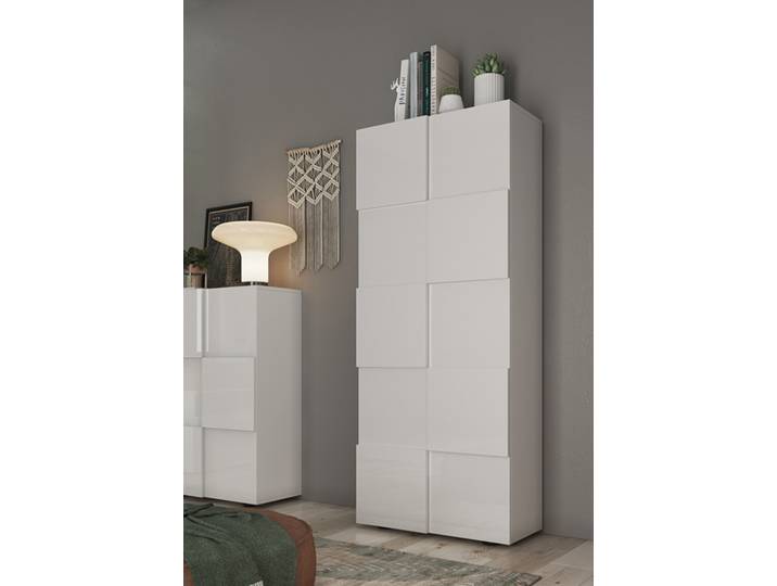 Armoire 2 portes Damier meuble d'entrée laqué blanc Blanc Brillant - Basika