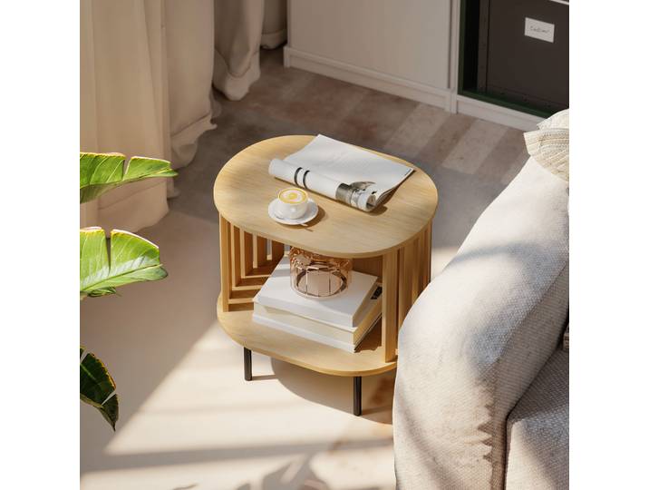HOMCOM Table d'Appoint Ovale Effet Bois Rangement Pieds Acier