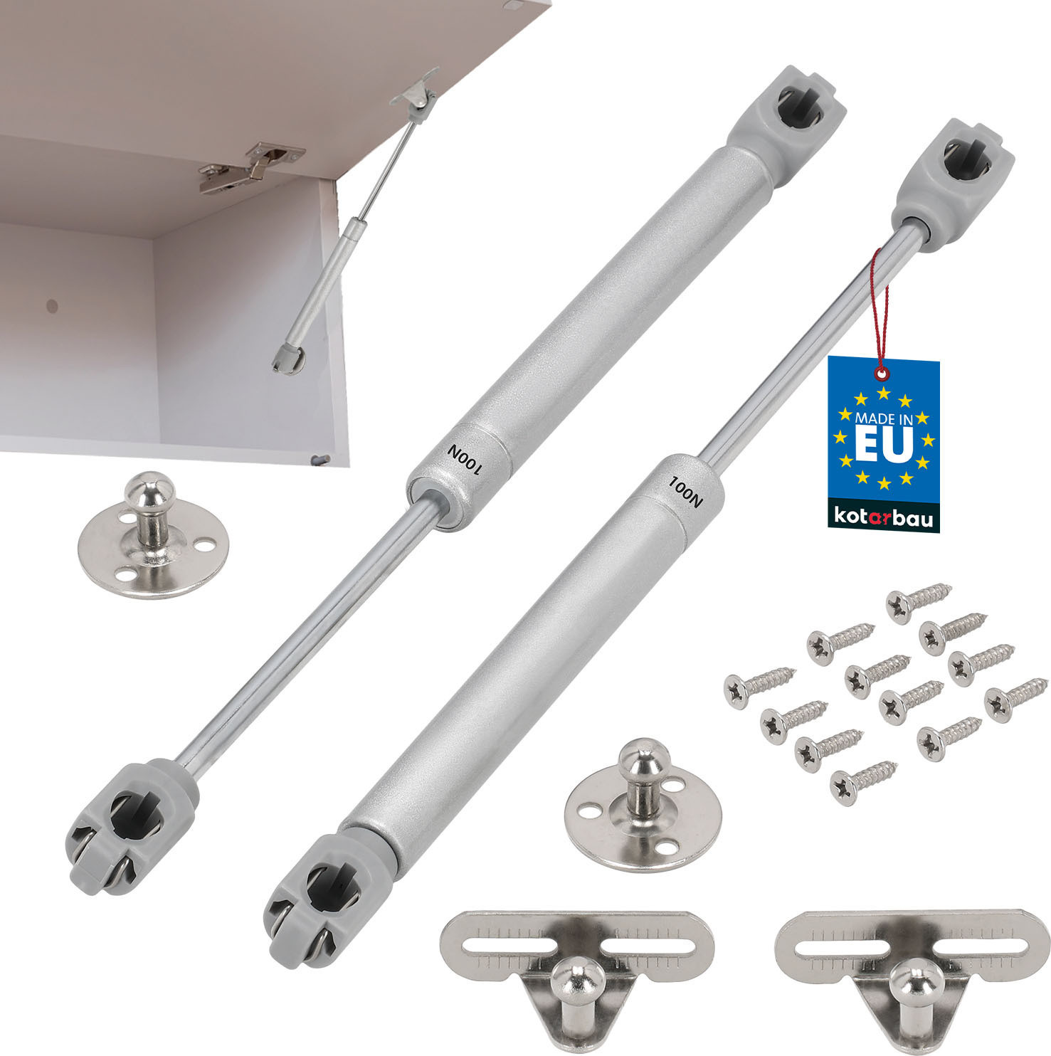KOTARBAU Meubel-gasdrukveren 100 N, set van 2 hydraulische gasveren voor deuren of kleppen, zilver