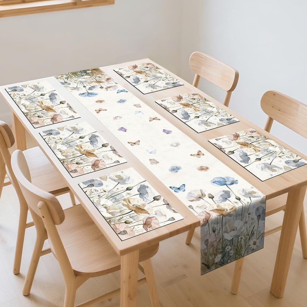 Dripio Tafelkleed en placemat set met klaprozen en vlinders, 6-delig, polyester