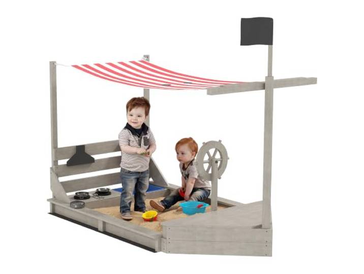 Outsunny Sandkasten 180x103 cm Kinder Sandbox mit Abdeckung Holz Grau Sandkiste Mit Sitzbänken, für Outdoor Garten Terrasse Balkon