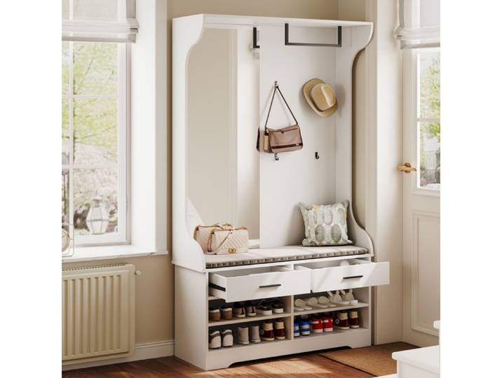 Vestiaire Porte-Manteau 104x35x180cm Vestiaire D'entrée avec Miroir Porte-Hats & Barre à Hanger Blanc
