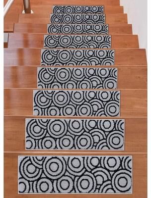 "Beverly Rug Indoor Non Slip Carpet Stair Treads w/ Installed Tape 9""x 28"" Circles Grey / Navy"