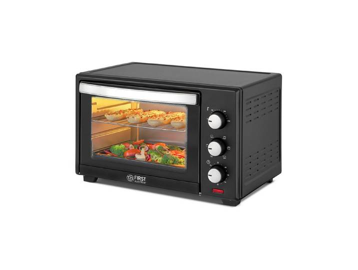 TZS FIRST AUSTRIA Minibackofen 30L 1600W, stufenlose Temperaturregelung bis 230°C, 60 Min Timer, 3 Einschubhöhen, Doppelglastür, Umluftfunktion
