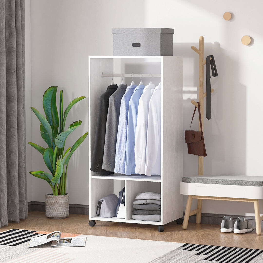 Ebern Designs Dezhaun Mobile Open Wardrobe Clothes Rail Storage Shelves Small Bedroom White