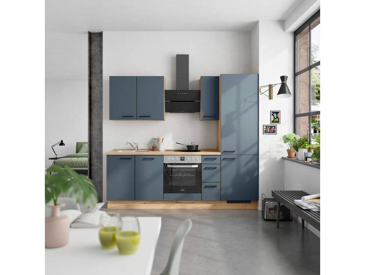 Küchenleerblock, Blau & Eiche, 240 cm, Metall, Mit Soft-Close-System, Nobilia