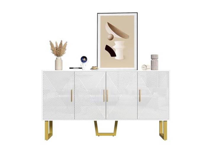 Ropilly Sideboard 150 cm weiß mit goldenen Griffen 4 Türen mit höhenverstellbaren Regalen, MDF- und PB-Konstruktion, Strukturfronten und goldene matte Beine