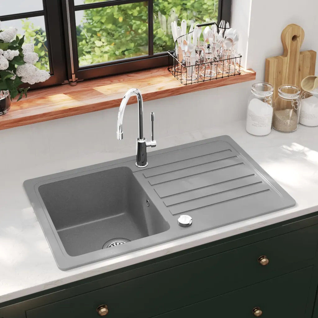 Symple Stuff 460mm W Single Bowl Stone Kitchen Sink Grey 765mm L
