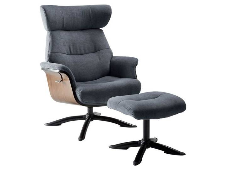 Fauteuil relax manuel pivotant + repose-pieds bois et tissu bleu - NAKANO