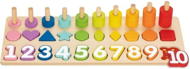 Wooden Counting Stacker by Tooky Toys - 10 pegs/10 rings for Kids - Develops Fine Motor Skills and Number Recognition