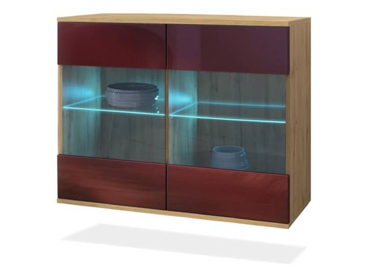 Vladon Kommode Bari V3, Moderner Küchenschrank mit 2 großen Glastüren inkl. RGB Beleuchtung Eiche Evoke/Bordeaux Hochglanz (92,5 x 73.5 x 35)