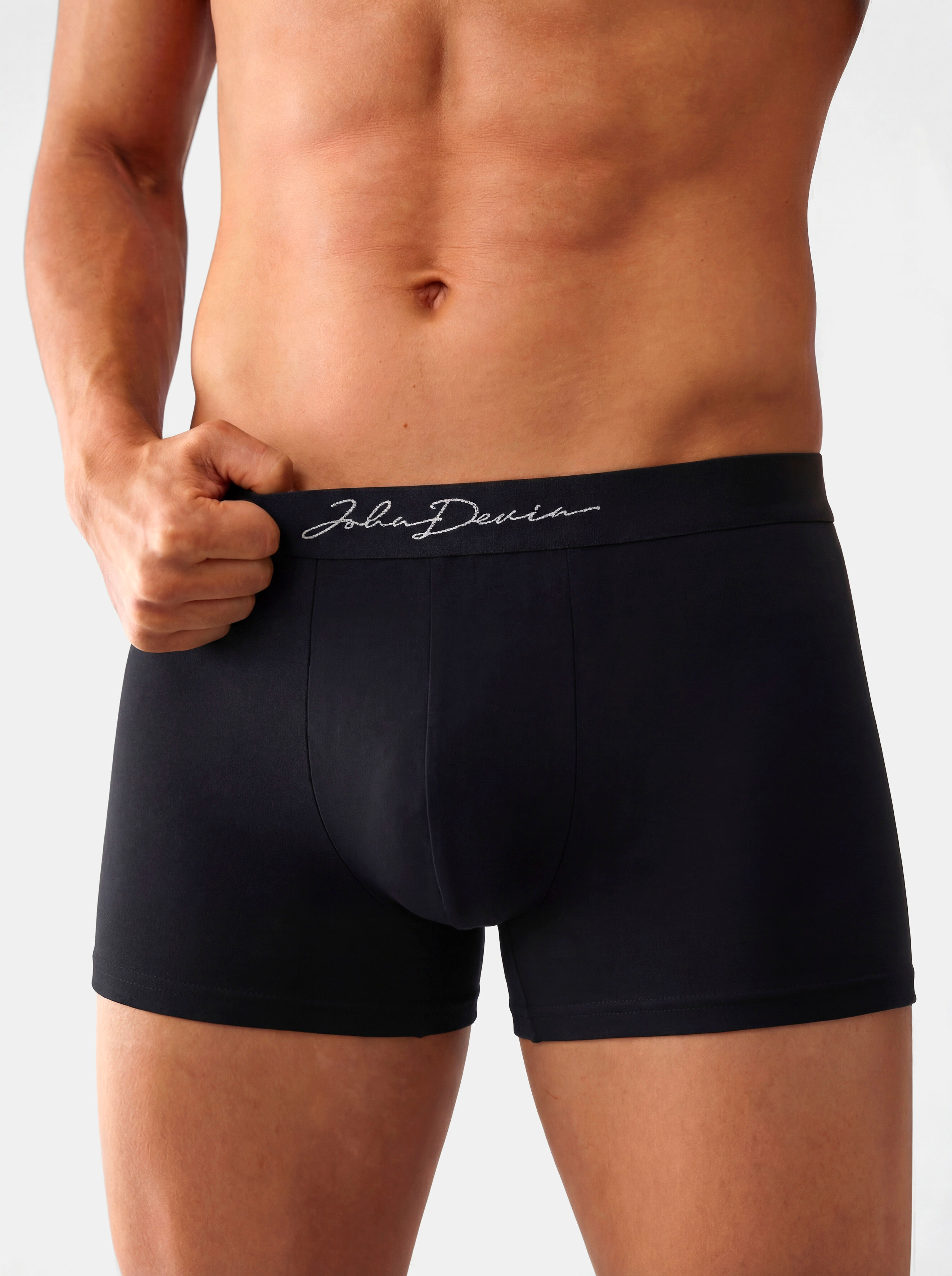 Boxer JOHN DEVIN "Boxershorts für Herren", Herren, Gr. 4XL (10), 5 Stk., Jersey, bunt (bordeaux, schwarz, dunkelblau, grau, meliert, anthrazit), Jersey, Obermaterial: 95% Baumwolle, 5% Elasthan, unifarben, körpernah, Unterhosen Boxer, mit schönem Schriftz