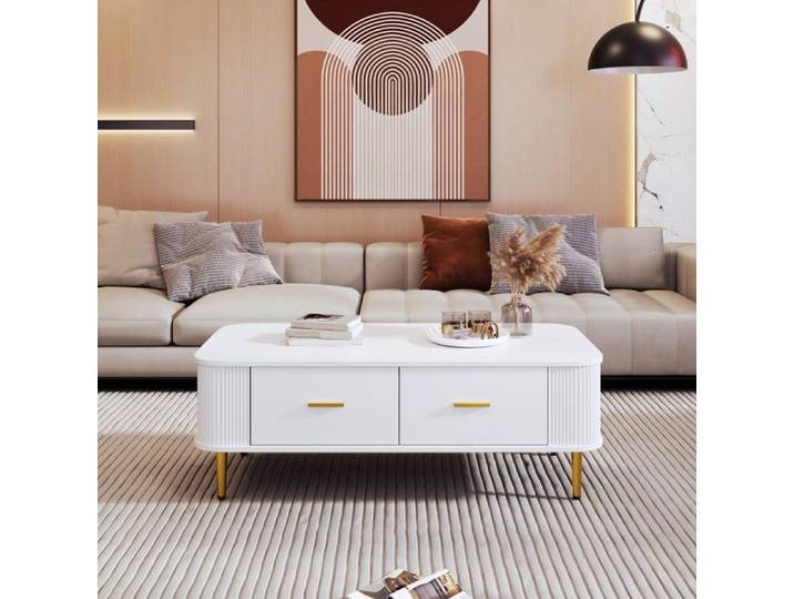 Piaenon - Table Basse Rectangulaire 105×51×38cm avec 4 Tiroirs Coins Arrondis Design Élégant Salon - blanc