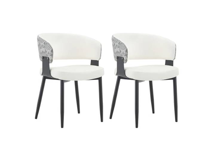 Vexelus 2er Set Mid‑Century Modern Esszimmerstühle weiß‑schwarz, Retro‑Sessel mit Armlehnen, gemusterte Rückenlehne aus PU‑Kunstleder