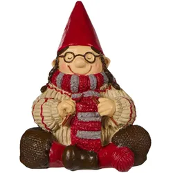 IB Laursen Ribenisserne  Wichtel-Figur Ingeborg mit Strickzeug, Rot - 7 x 5,8 x 8,8 cm