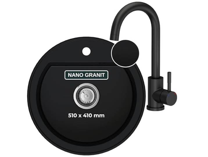 SINK QUALITY Spülbecken Rund mit armatur Ø 51 cm - Granitspüle schwarz mit Wasserhahn, Siphon und Imprägniermittel - Küchenspüle Rund aus Granit für Unterschränke ab 55 cm Breite