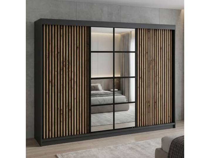 A&J MöbelLand Schwebetürenschrank NORIVO Kleiderschrank 200 cm mit Spiegel & Holzlamellen