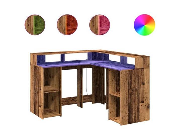 Meuble de bureau - HAOSHOP - Bureau avec lumières LED vieux bois bois d'ingénierie&01_12696
