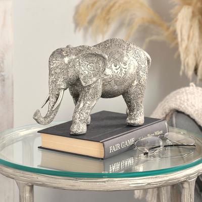 Studio 350 Silver Polystone Engraved Floral Elephant Decorative Sculpture