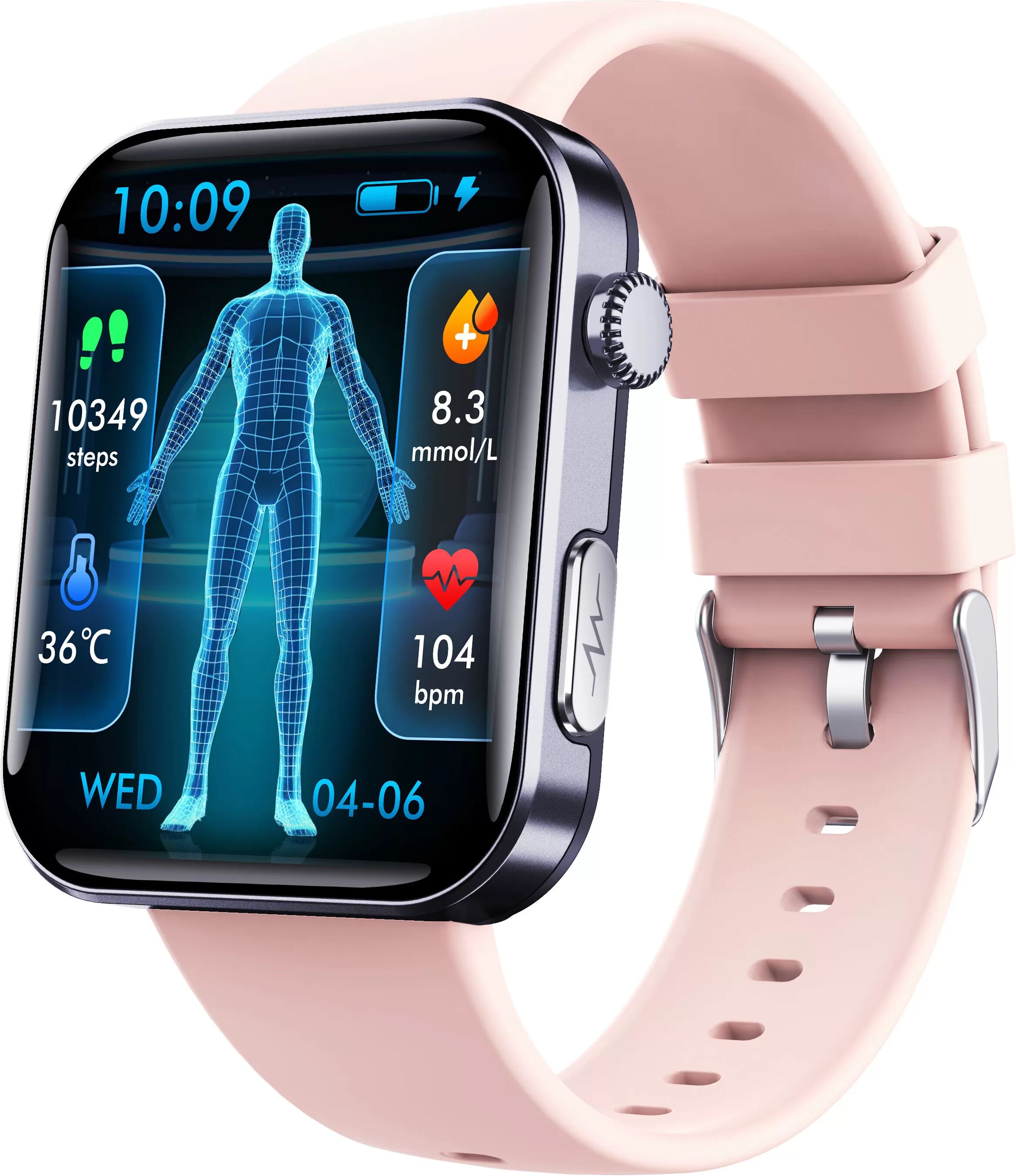 INF Smartwatch – misst Herzfrequenz, Blutdruck, Blutsauerstoff und Schritte Schwarzes und rosa Armband