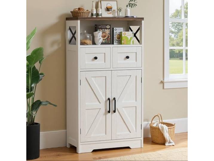 BonVache Sideboard, Küchenschrank für Küche,Wohnzimmer,58 x 29 x 108cm,Weiß Anrichte‑Aufbewahrungsschrank mit Schubladen, Anrichte mit Offenem Regal, Kaffeebar Schrank für Küche, Esszimmer, Wohnzimmer