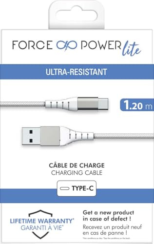 Force Power Lite Versterkte USB A naar USB C Kabel, 1,2m, 3A, Wit, 100% gerecycled plastic