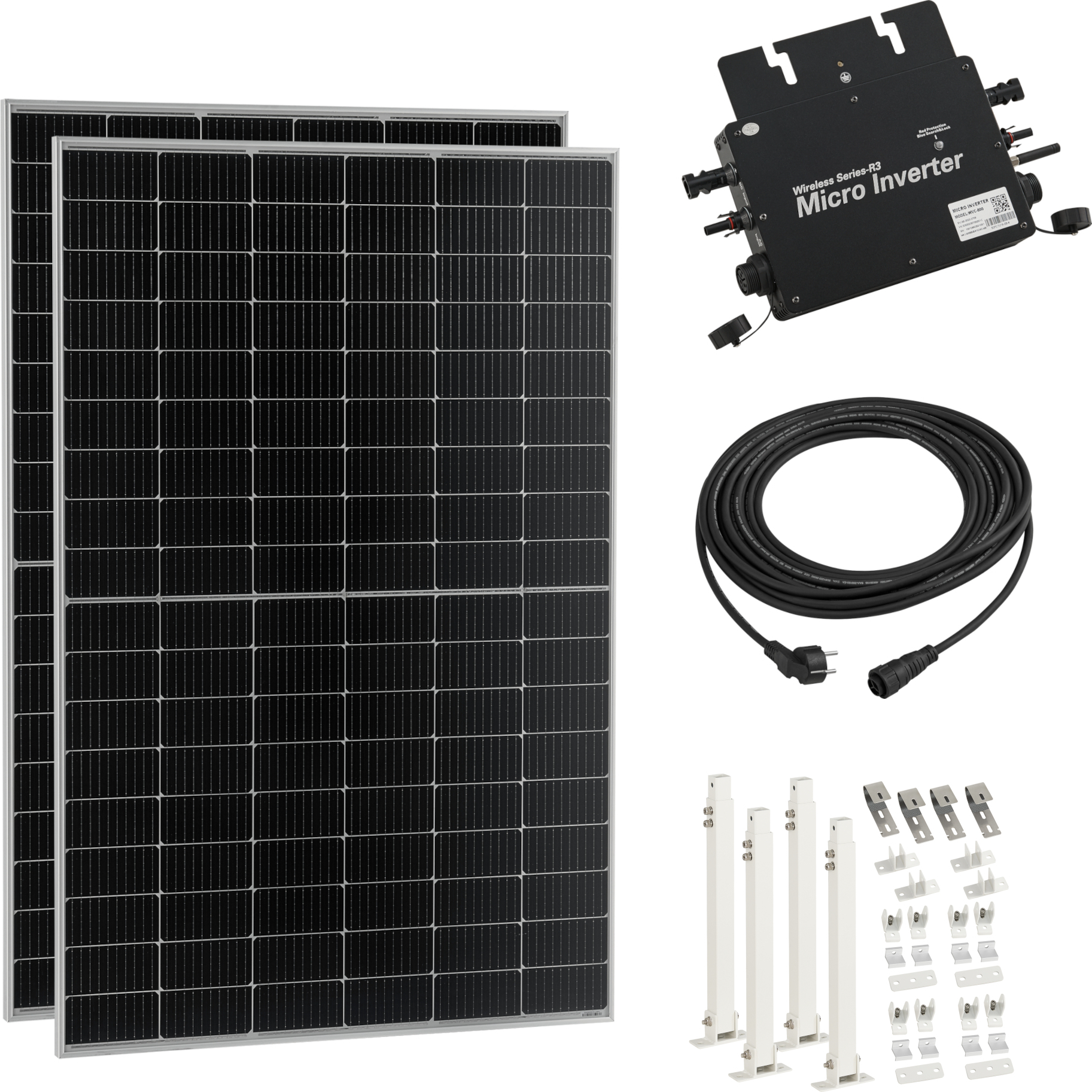 Balkonkraftwerk 'Brusson' mit Halterung 800W + Inverter + 10m Kabel