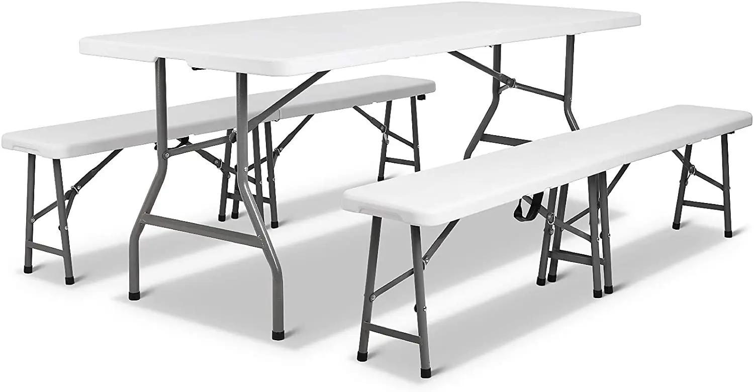 Klapptisch & 2 Bänke - Outdoor Camping Set - 180,5×75,5×73 cm - Für 8 Personen - Metallgestell aus Eisen - PVC-Oberfläche - Rechteckig - Weiß